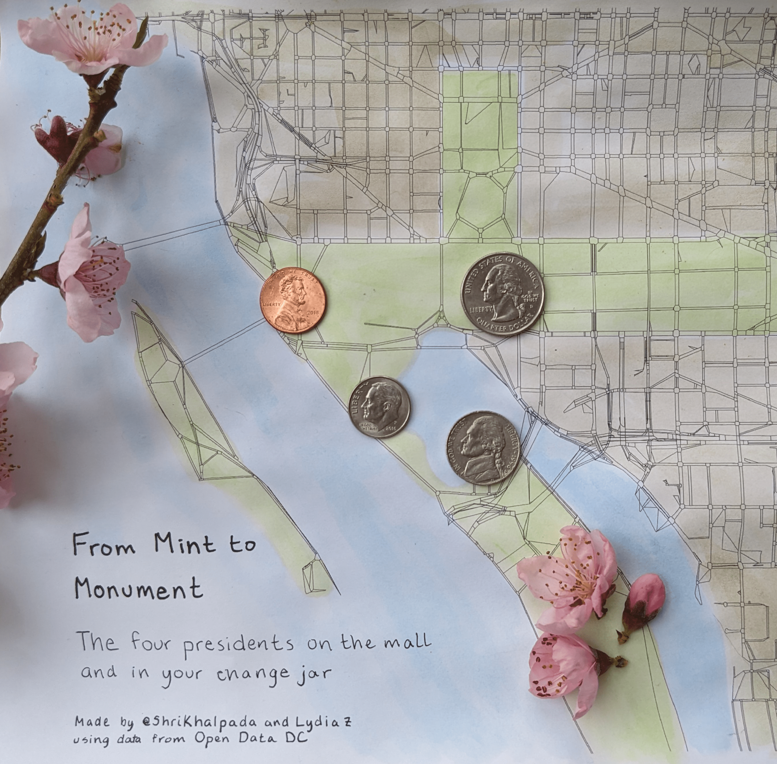 An artistic map titled "From Mint to Monument," with coins placed on key locations on a map of Washington D.C., alongside cherry blossoms.