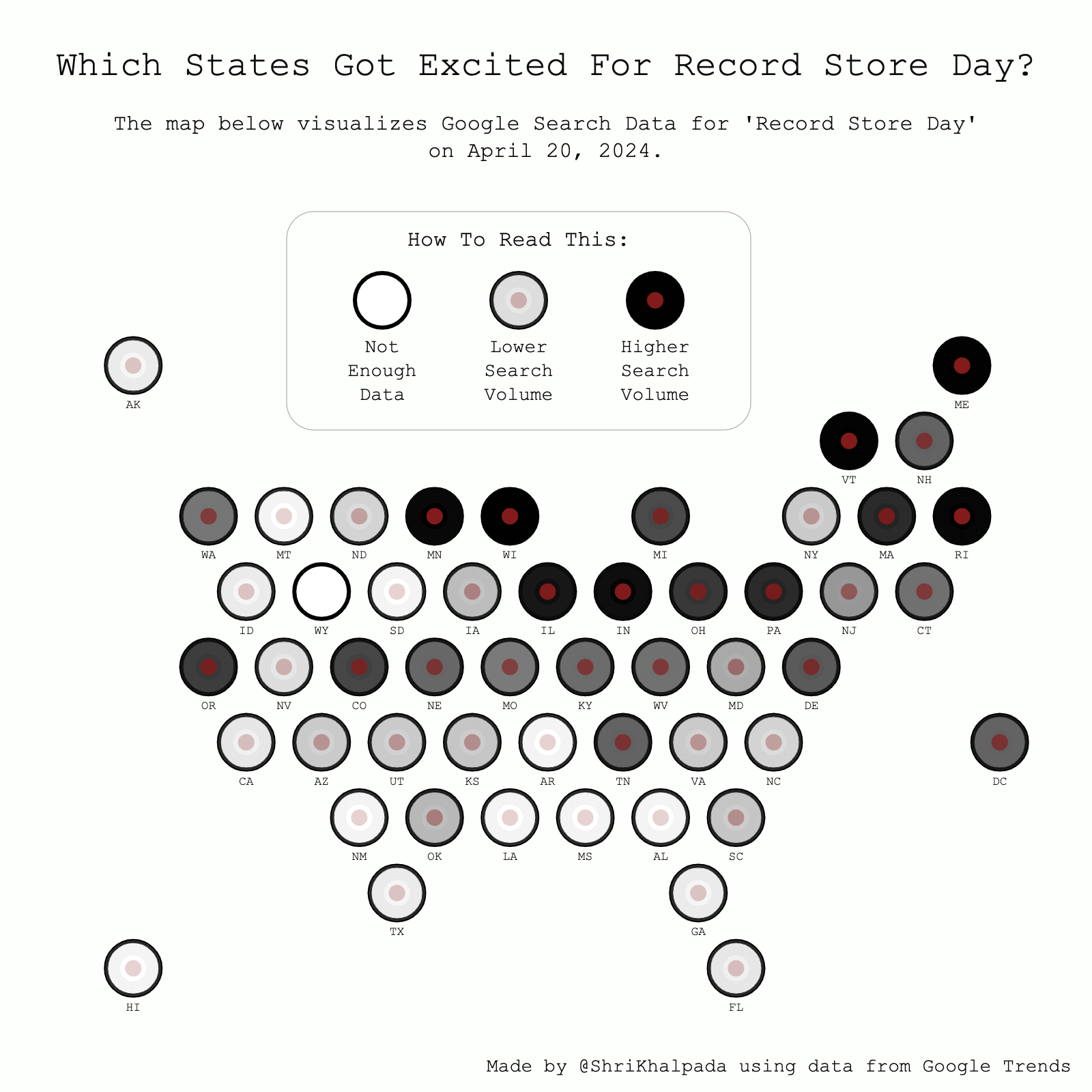 A map visualization titled "Which States Got Excited For Record Store Day?" using Google Search Data, with circles of varying shades indicating search volume by state.