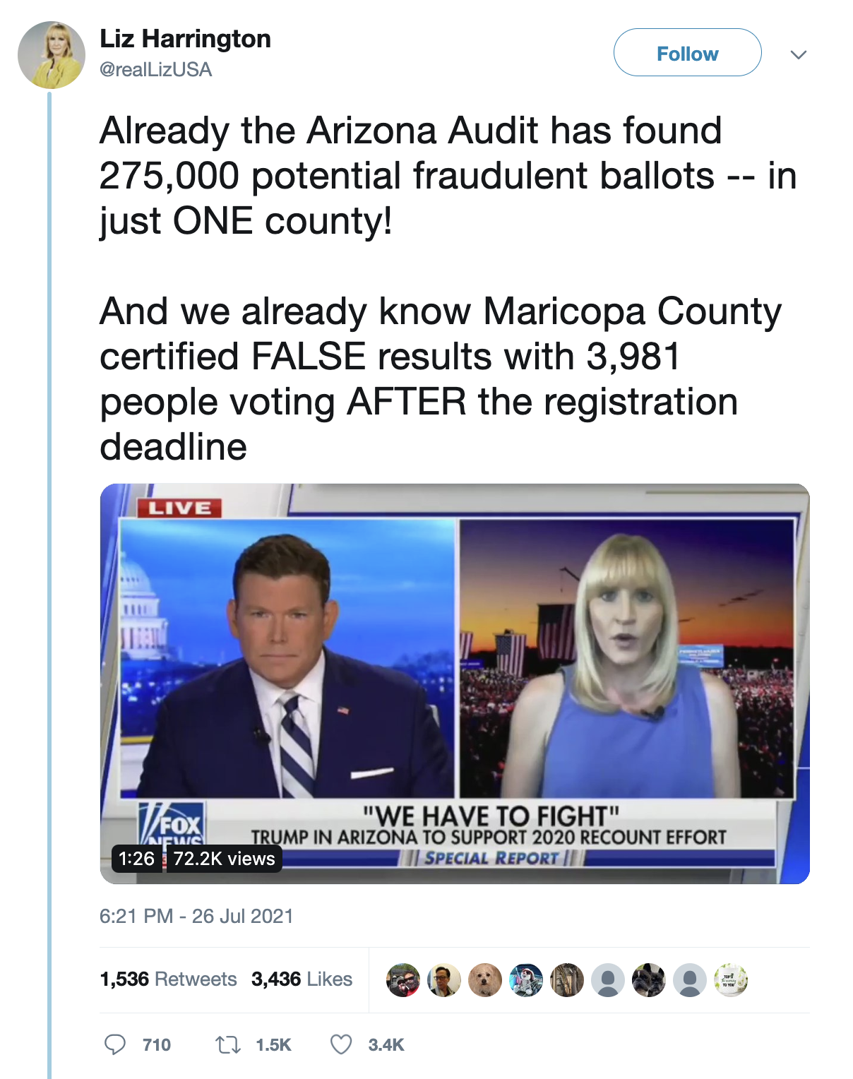 A photo of a tweet by Liz Harrington, Trump's spokesperson from 2021 to 2024, claiming 275,000 potential cases of voter fraud based on the Cyber Ninjas audit.